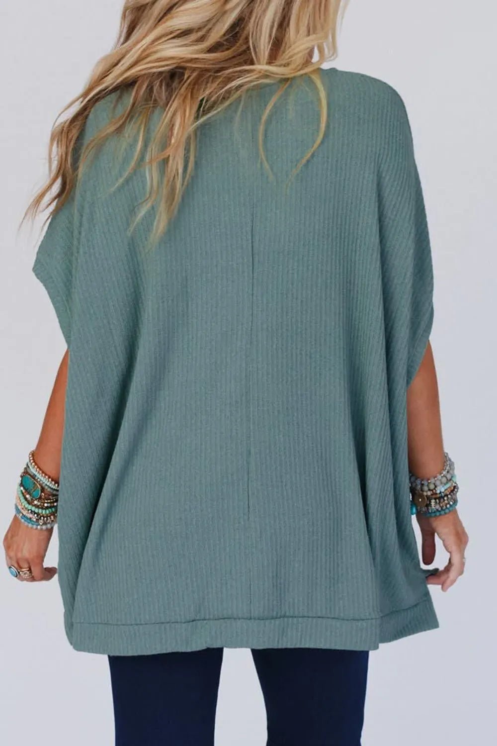 Oversized Ribbed Knit V Neck Dolman Short Sleeve Top – Air Force Blue by Simply Love