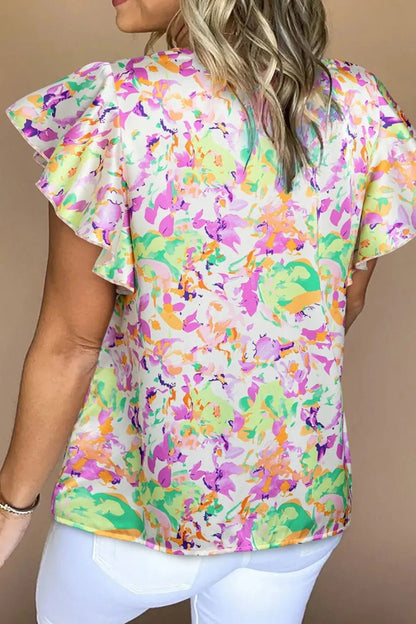 Abstract Printed Ruffled Short Sleeve Notched Neck Blouse – Floral for Shopify Collective (3 view)