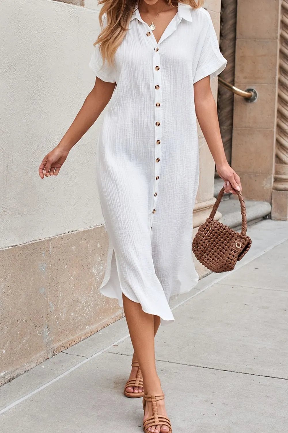 Button Down Short Sleeve Midi Shirt Dress – White for Shopify Collective (3 view)
