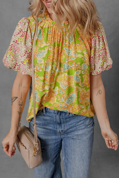 Multicolour Printed Contrast Bubble Sleeve Patchwork Blouse – Floral Top for Shopify Collective (2 view)