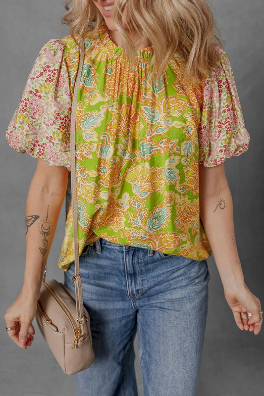 Multicolour Printed Contrast Bubble Sleeve Patchwork Blouse – Floral Top for Shopify Collective (2 view)