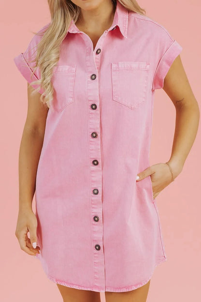 Button Down Short Sleeve Denim Dress – Blush Pink for Shopify Collective (4 view)