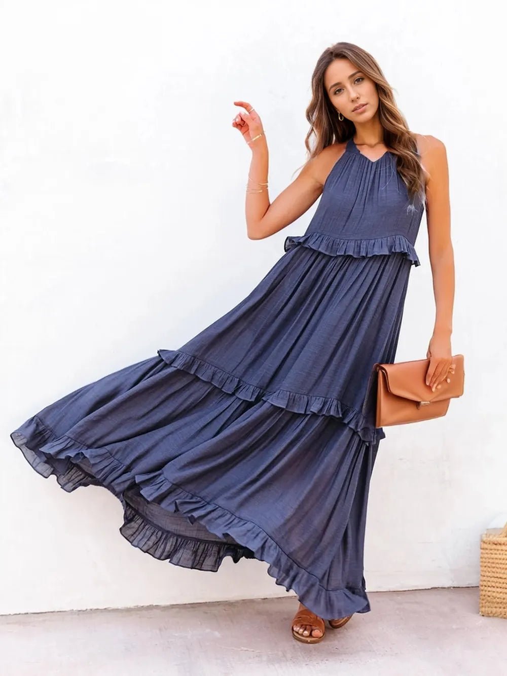 Ruffled Sleeveless Tiered Maxi Dress with Pockets – Dark Blue for Shopify Collective (12 view)