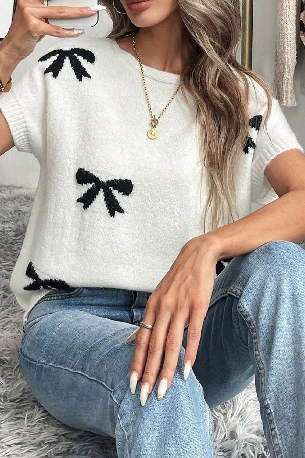 Bow Pattern Knit Short Sleeve Sweater – White by Simply Love