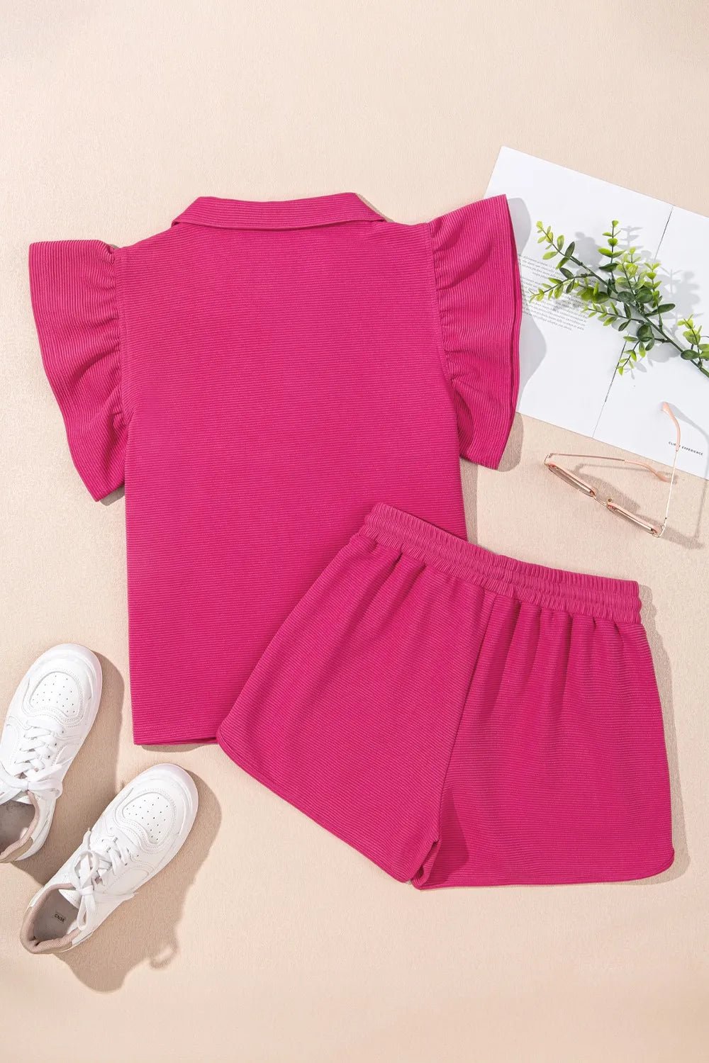 Striped Detail Flutter Sleeve Zipped Collar Top and Short Set – Hot Pink for Shopify Collective (4 view)