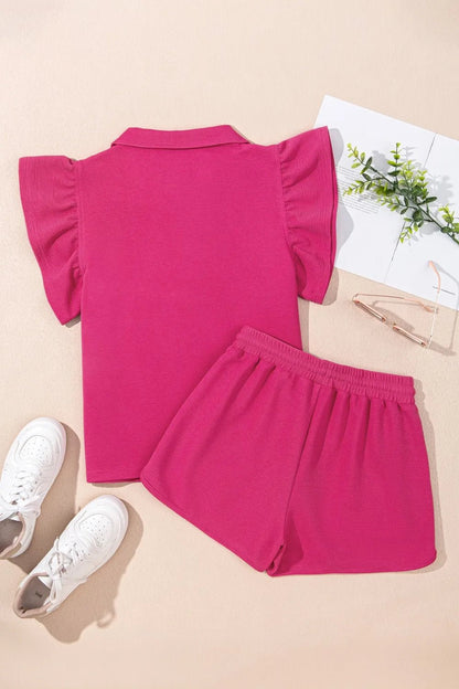 Striped Detail Flutter Sleeve Zipped Collar Top and Short Set – Hot Pink for Shopify Collective (4 view)