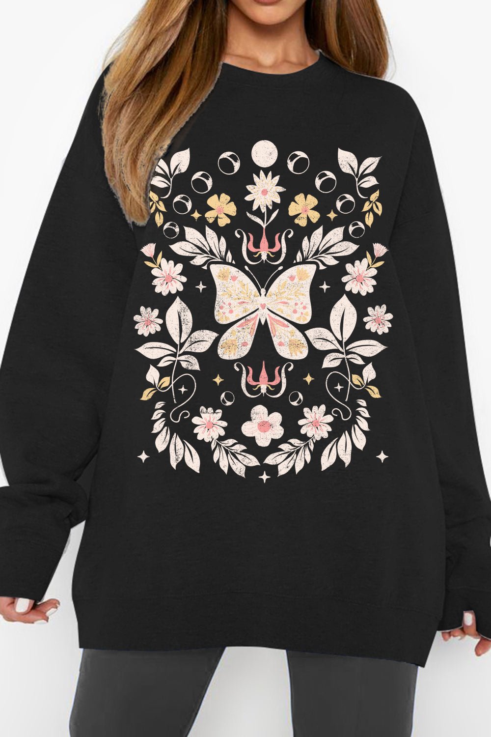 Simply Love Full Size Flower and Butterfly Graphic Sweatshirt – Black by Simply Love