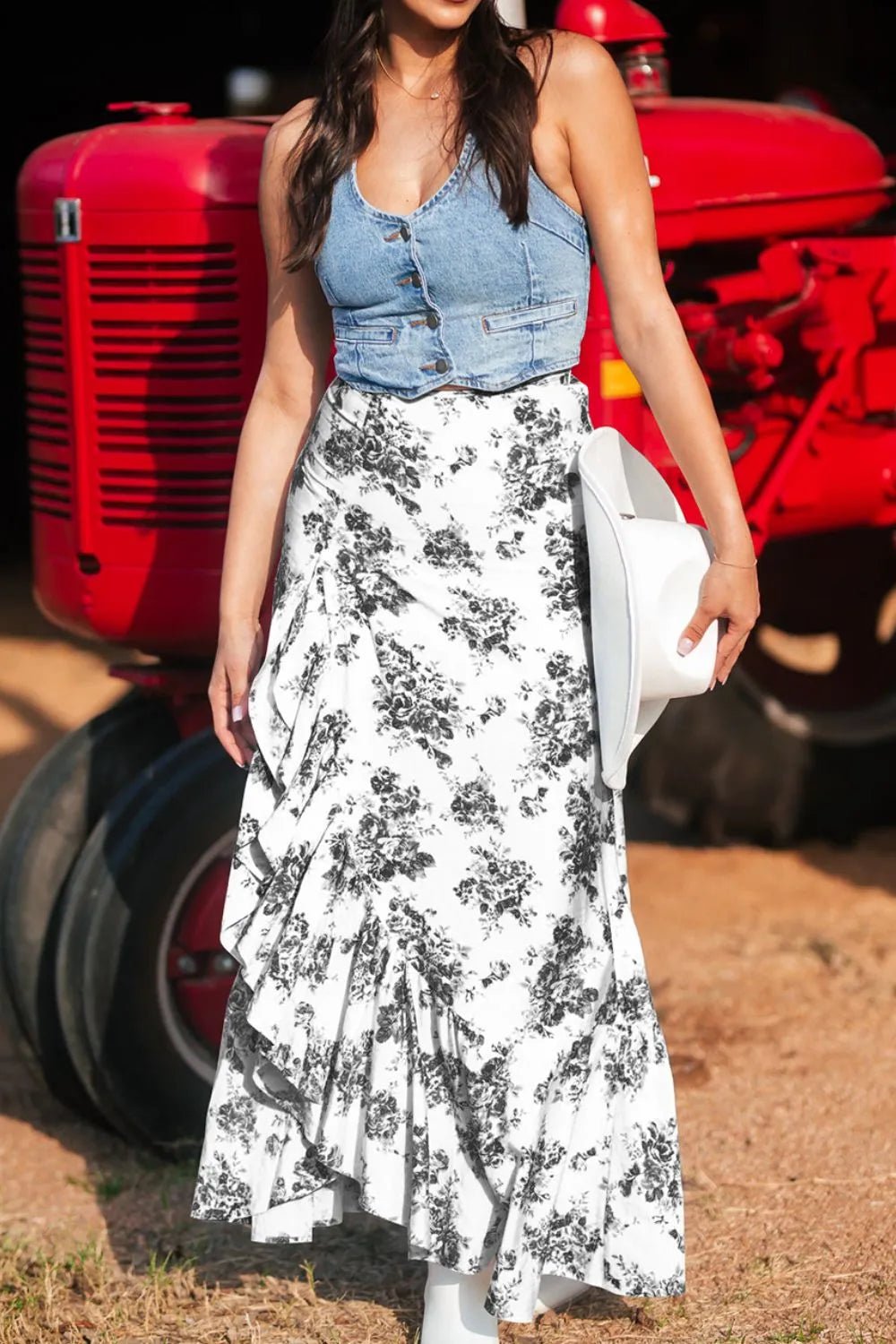 Boho Floral High Waist Ruffle Split Maxi Skirt – Black for Shopify Collective (9 view)