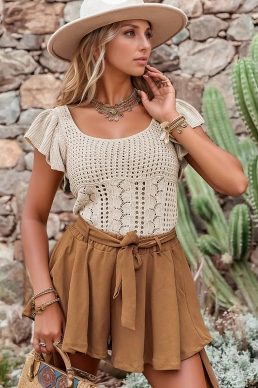 Openwork Ruffled Scoop Neck Knit Top – Khaki for Shopify Collective (2 view)