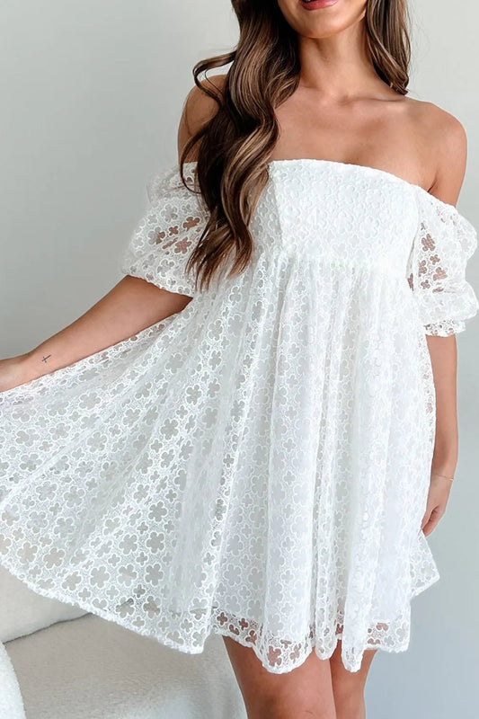Lace Puff Sleeve Empire Waist Mini Dress – White for Shopify Collective (2 view)