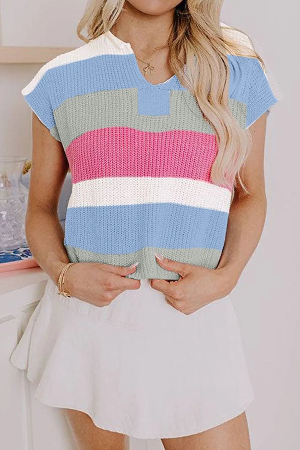 Color Block Notched Cap Sleeve Knit Top – Light Blue for Shopify Collective (2 view)