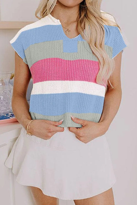 Color Block Notched Cap Sleeve Knit Top – Light Blue for Shopify Collective (2 view)
