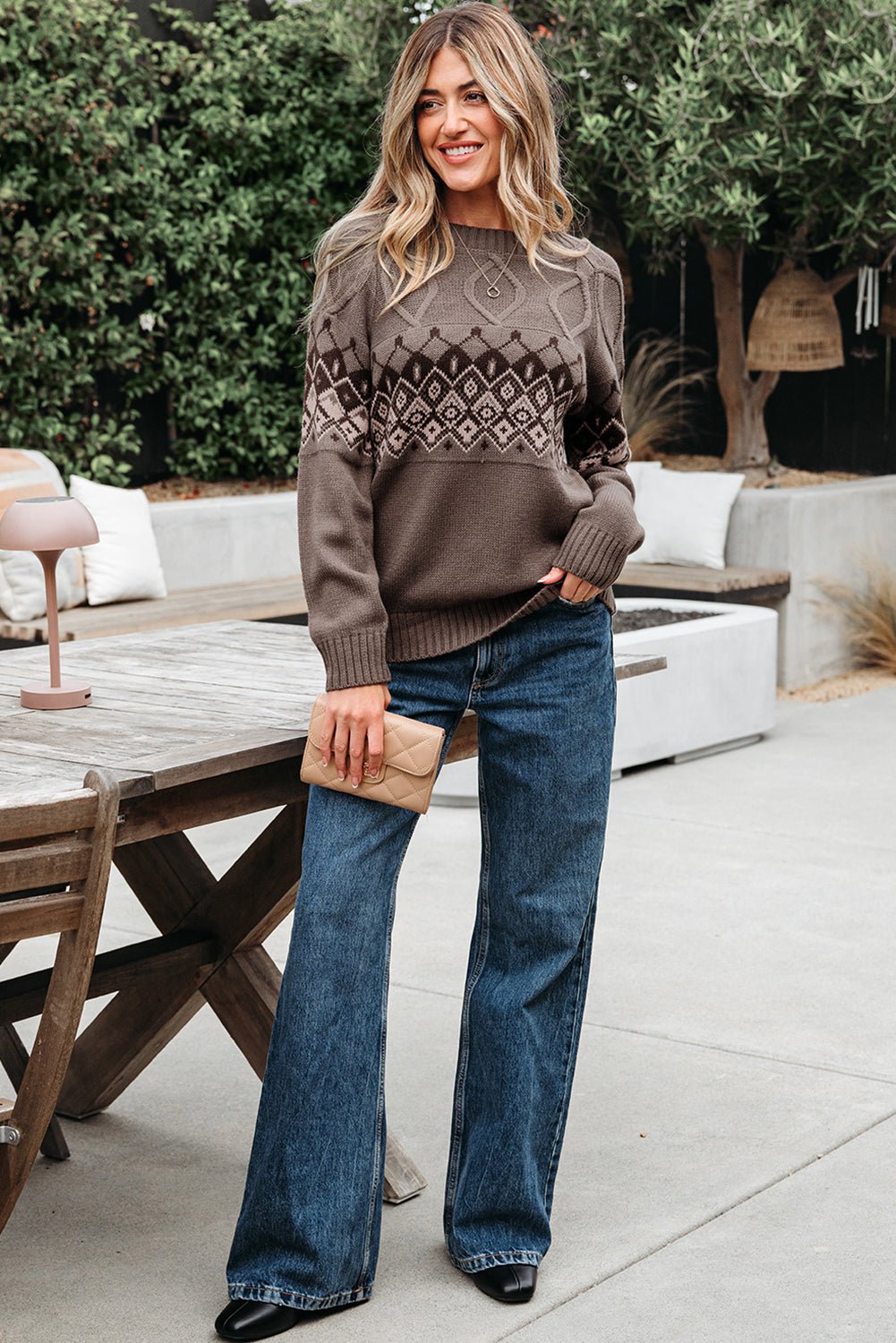 Alana Western Geometric Patterned Crew Neck Knitted Sweater – Light French Beige Sweaters & Cardigans/Sweaters for Shopify Collective (5 view)