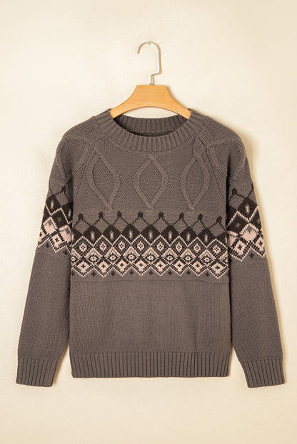 Alana Western Geometric Patterned Crew Neck Knitted Sweater – Light French Beige Sweaters & Cardigans/Sweaters for Shopify Collective (7 view)