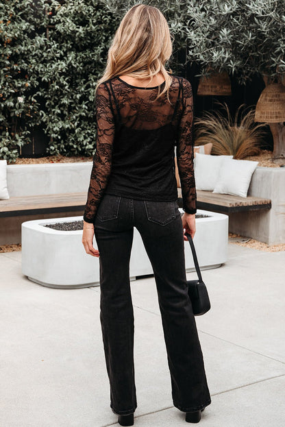 Amira Lace Crochet Mesh Slim Fit Long Sleeve Top – Black Tops/Long Sleeve Tops for Shopify Collective (6 view)