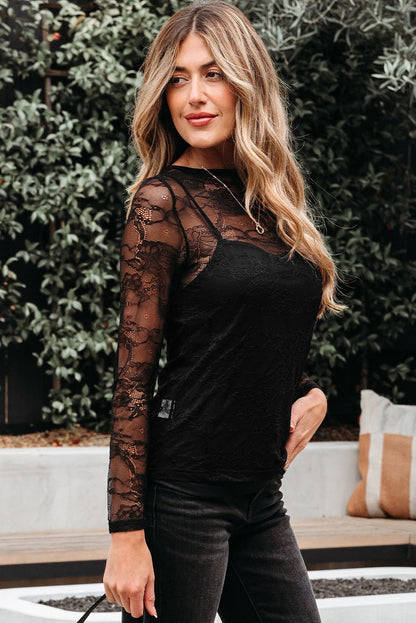 Amira Lace Crochet Mesh Slim Fit Long Sleeve Top – Black Tops/Long Sleeve Tops for Shopify Collective (3 view)