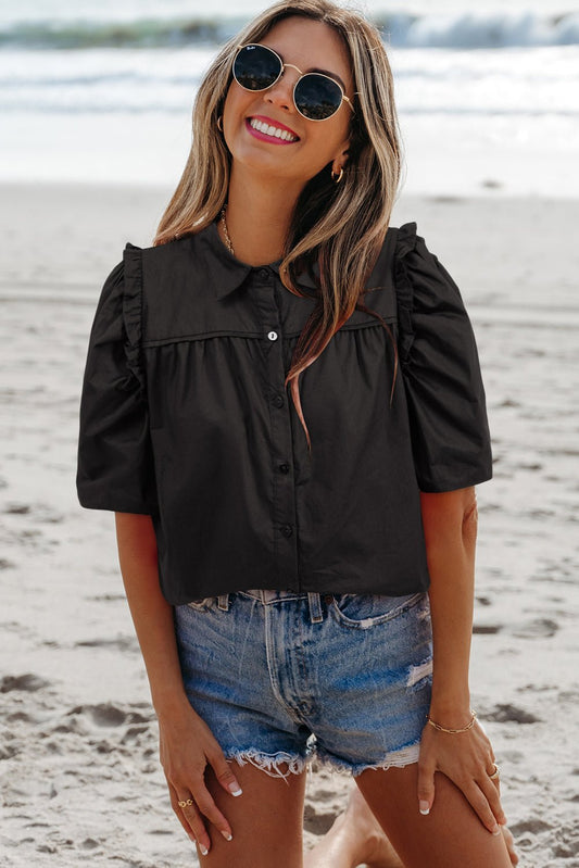 Analeia Frilly Puff Sleeve Stylish Collared Shirt – Black Tops/Blouses & Shirts for Shopify Collective (1 view)
