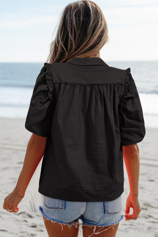 Analeia Frilly Puff Sleeve Stylish Collared Shirt – Black Tops/Blouses & Shirts for Shopify Collective (2 view)