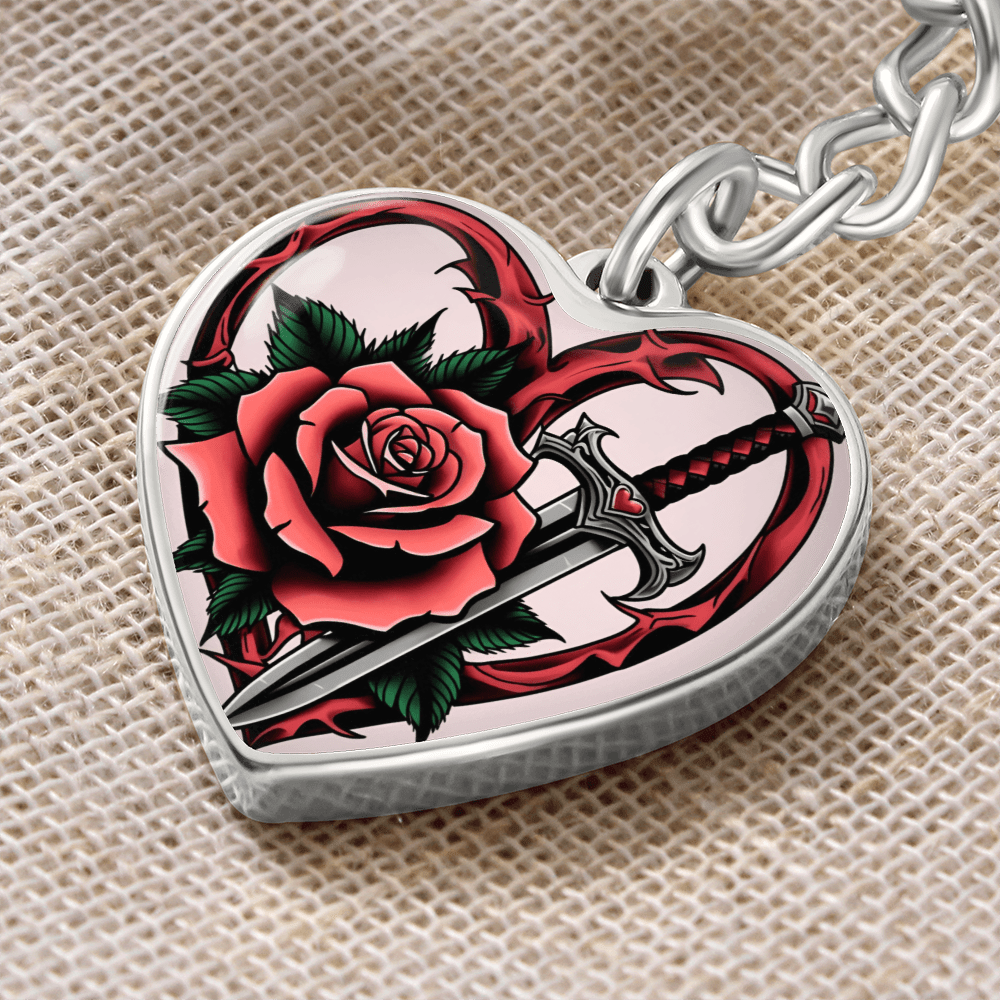 Rose & Dagger Heart Key Chain – Fierce Love Symbol | Gothic – Graphic Heart Keychain (Silver) Accessories by ShineOn Fulfillment