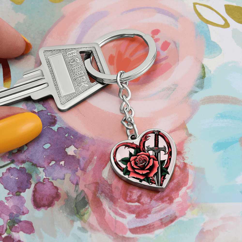 Rose & Dagger Heart Key Chain – Fierce Love Symbol | Gothic – Graphic Heart Keychain (Silver) Accessories by ShineOn Fulfillment