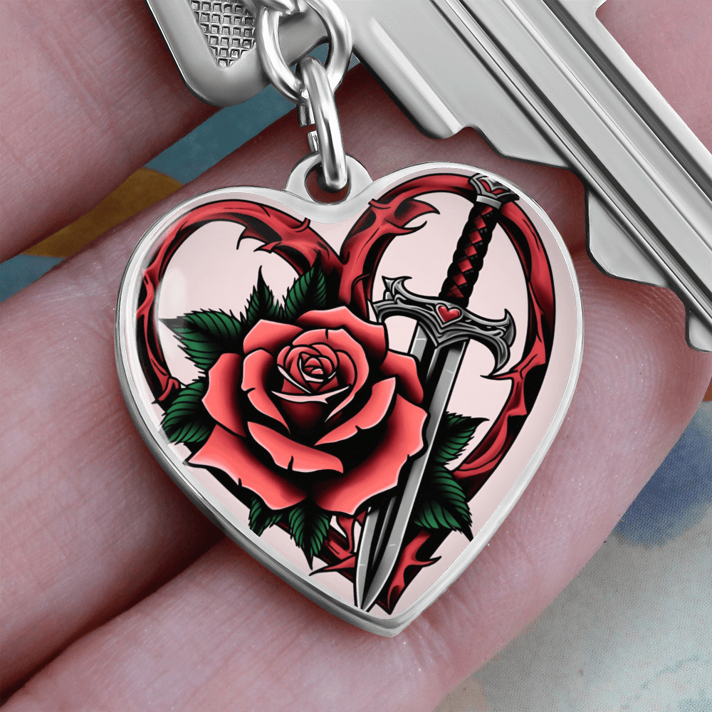 Rose & Dagger Heart Key Chain – Fierce Love Symbol | Gothic – Graphic Heart Keychain (Silver) Accessories by ShineOn Fulfillment