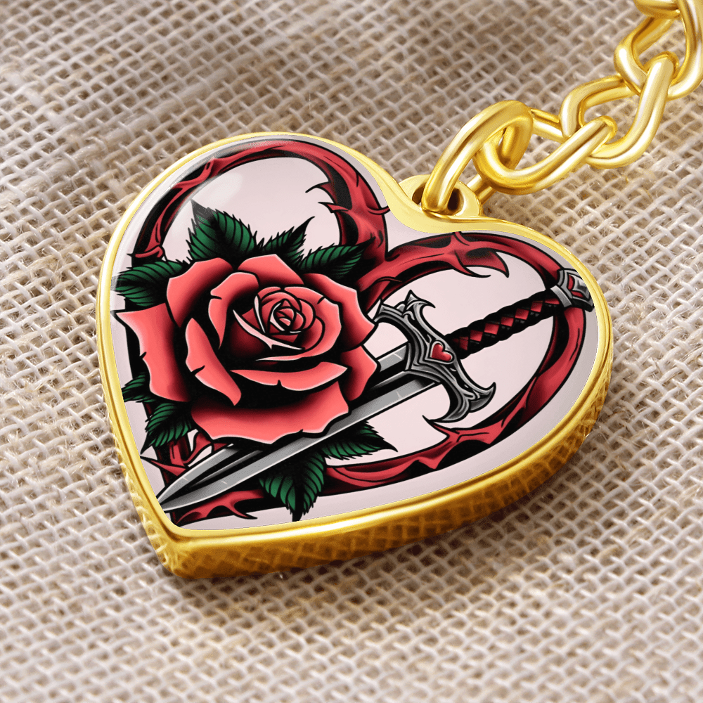Rose & Dagger Heart Key Chain – Fierce Love Symbol | Gothic – Graphic Heart Keychain (Gold) Accessories by ShineOn Fulfillment