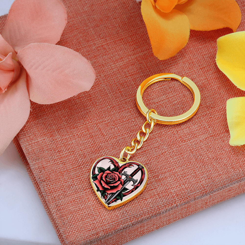 Rose & Dagger Heart Key Chain – Fierce Love Symbol | Gothic – Graphic Heart Keychain (Gold) Accessories by ShineOn Fulfillment