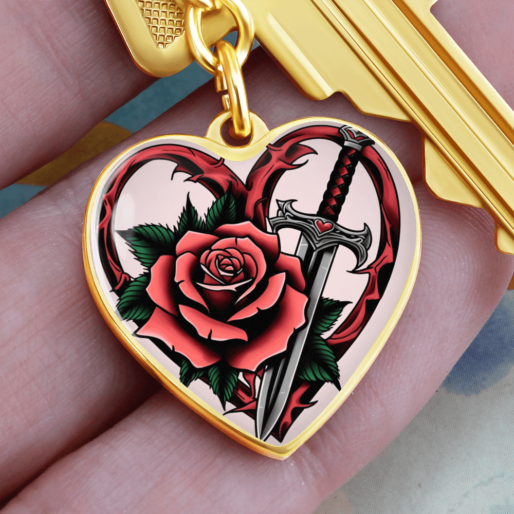 Rose & Dagger Heart Key Chain – Fierce Love Symbol | Gothic – Graphic Heart Keychain (Gold) Accessories by ShineOn Fulfillment