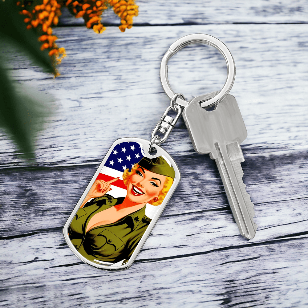 Patriotic Pin Up Dog Tag Keychain – Retro Military Tribute – Dog Tag with Swivel Keychain (Gold) Accessories by ShineOn Fulfillment
