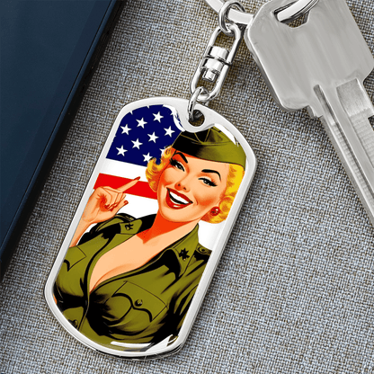 Patriotic Pin Up Dog Tag Keychain – Retro Military Tribute – Dog Tag with Swivel Keychain (Gold) Accessories by ShineOn Fulfillment