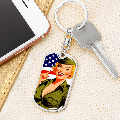 Patriotic Pin Up Dog Tag Keychain – Retro Military Tribute – Dog Tag with Swivel Keychain (Gold) Accessories by ShineOn Fulfillment