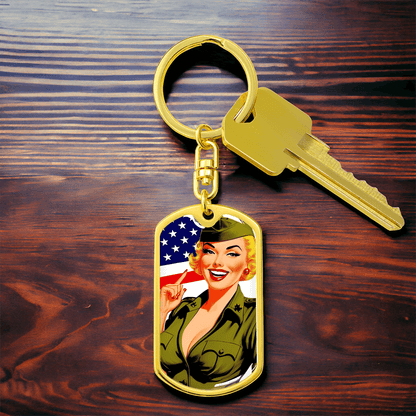 Patriotic Pin Up Dog Tag Keychain – Retro Military Tribute – Dog Tag with Swivel Keychain (Gold) Accessories by ShineOn Fulfillment
