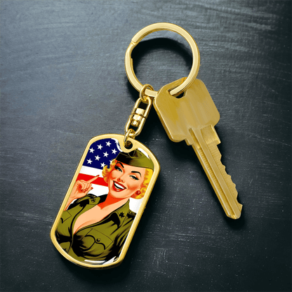 Patriotic Pin Up Dog Tag Keychain – Retro Military Tribute – Dog Tag with Swivel Keychain (Gold) Accessories by ShineOn Fulfillment