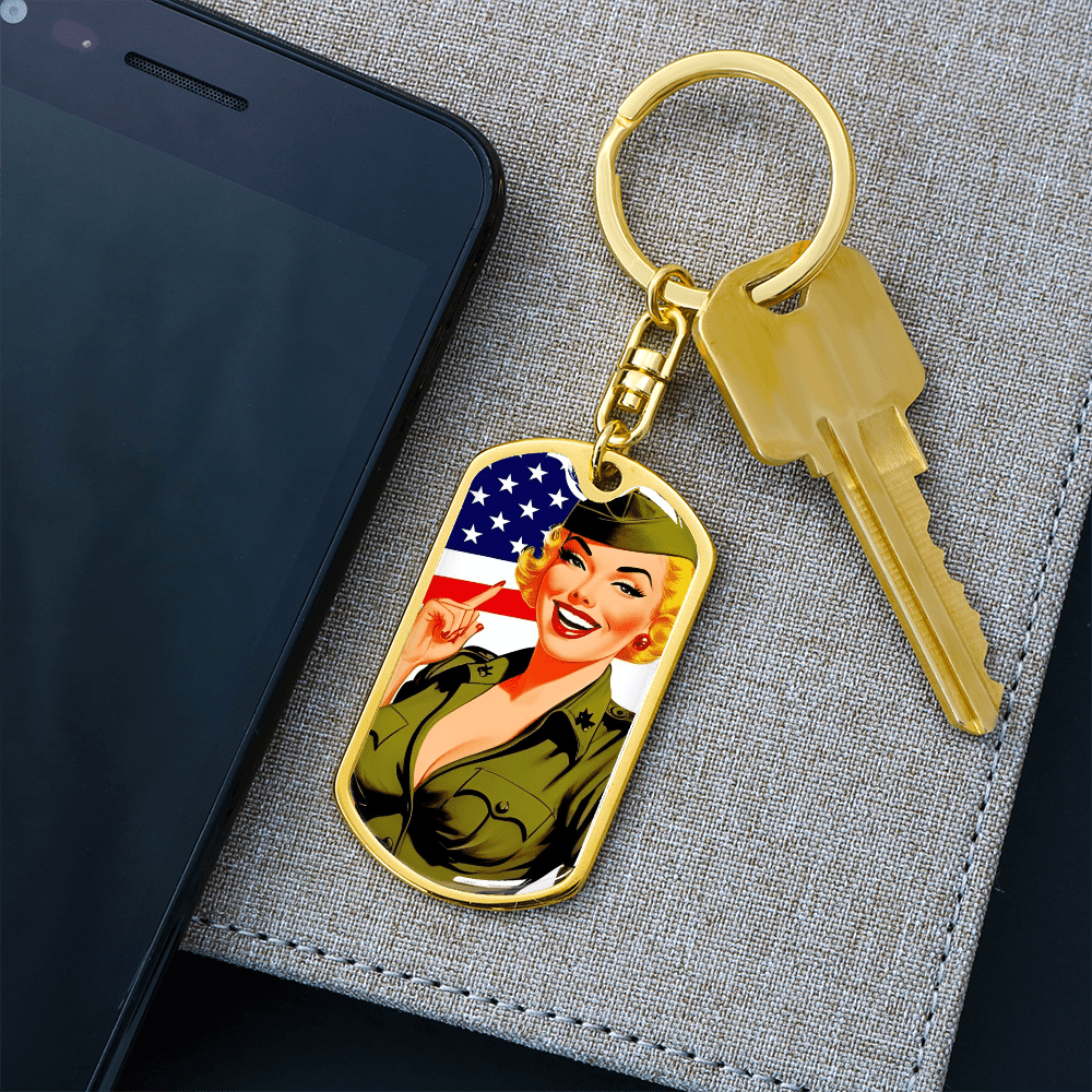 Patriotic Pin Up Dog Tag Keychain – Retro Military Tribute – Dog Tag with Swivel Keychain (Gold) Accessories by ShineOn Fulfillment