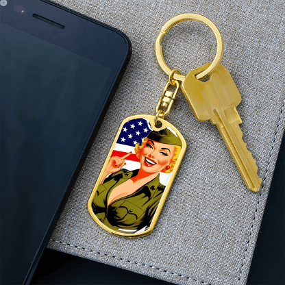 Patriotic Pin Up Dog Tag Keychain – Retro Military Tribute – Dog Tag with Swivel Keychain (Gold) Accessories by ShineOn Fulfillment