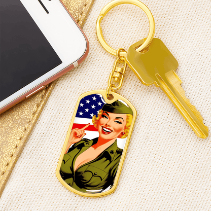 Patriotic Pin Up Dog Tag Keychain – Retro Military Tribute – Dog Tag with Swivel Keychain (Gold) Accessories by ShineOn Fulfillment