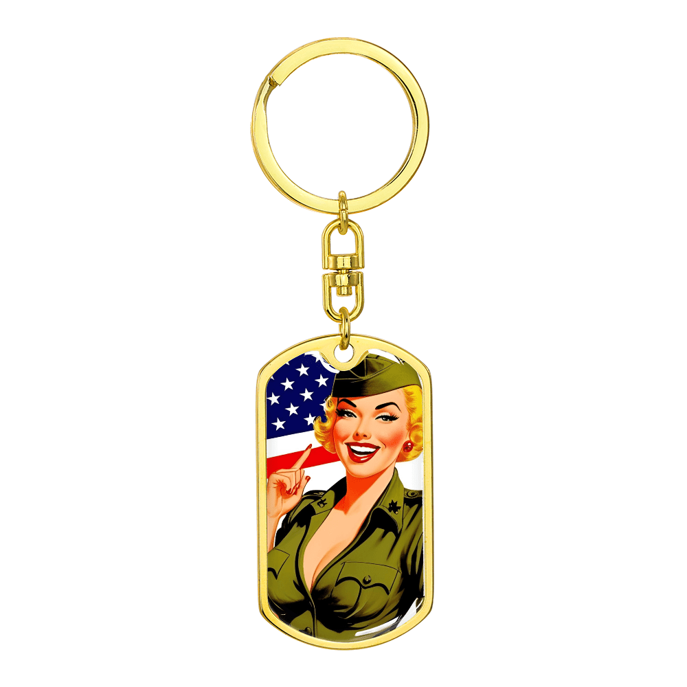 Patriotic Pin Up Dog Tag Keychain – Retro Military Tribute – Dog Tag with Swivel Keychain (Gold) Accessories by ShineOn Fulfillment