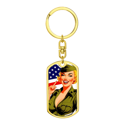 Patriotic Pin Up Dog Tag Keychain – Retro Military Tribute – Dog Tag with Swivel Keychain (Gold) Accessories by ShineOn Fulfillment