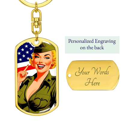 Patriotic Pin Up Dog Tag Keychain – Retro Military Tribute – Dog Tag with Swivel Keychain (Gold) Accessories by ShineOn Fulfillment