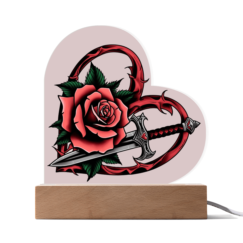 Rose & Dagger Heart – Light up | Acrylic Heart Plaque – Corded LED Base Miscellaneous for decor (1 view)