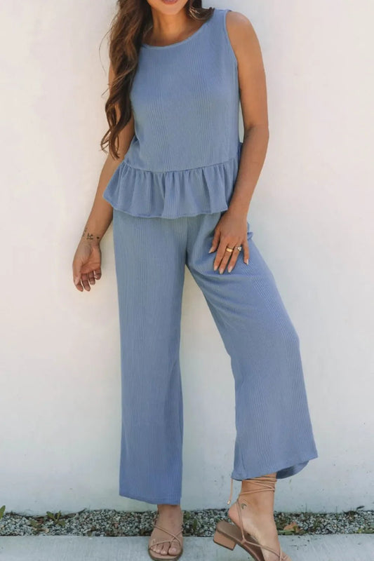 Color Ribbed Ruffle Tank Top and Pants Set – Dusty Blue for Shopify Collective (1 view)