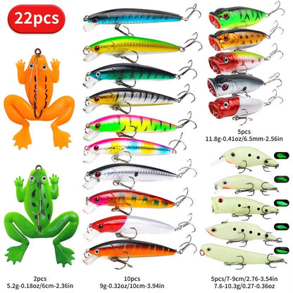 22pc Lure Kit – Hard & Soft Baits, Popper, Minnow, Frog, – 22pcs 1set 13g Fishing Gear by SbrTnHomes