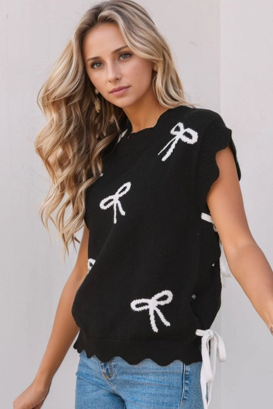 Bow Side Ties Scalloped Hem Cap Sleeve Sweater – Black by Simply Love