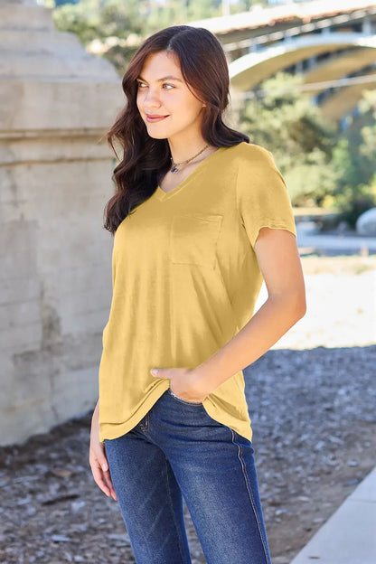 Basic Bae Bamboo Full Size V - Neck Short Sleeve T-Shirt – Yellow for Shopify Collective (28 view)