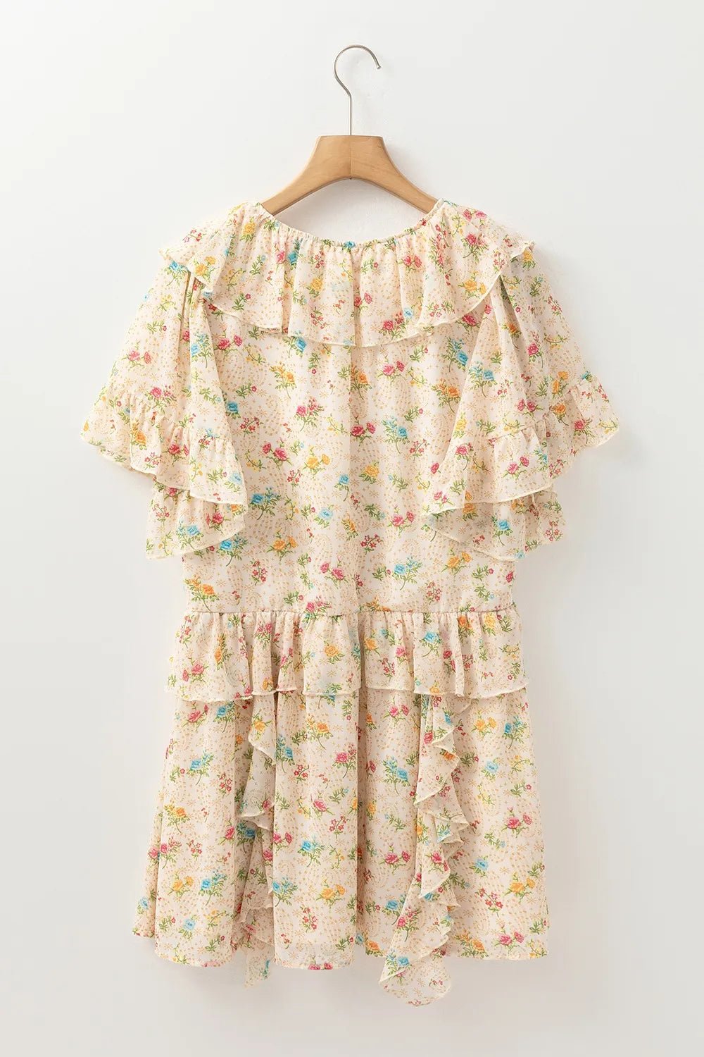 Boho Floral Tassel Tie V Neck Ruffle Wide Sleeve Mini Dress – Cream for Shopify Collective (5 view)