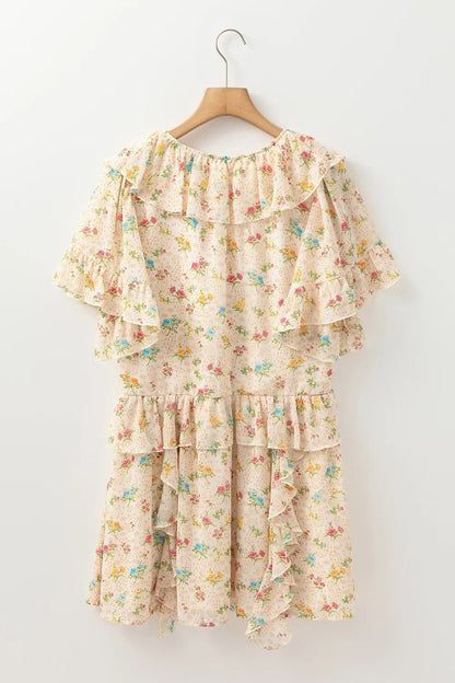 Boho Floral Tassel Tie V Neck Ruffle Wide Sleeve Mini Dress – Cream for Shopify Collective (5 view)