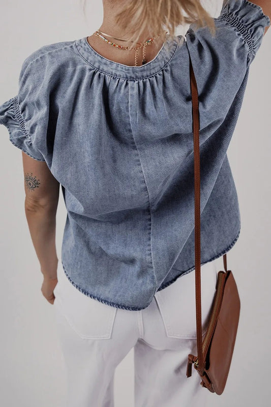 V Neck Ruffled Short Puff Sleeve Denim Top – Medium for Shopify Collective (2 view)