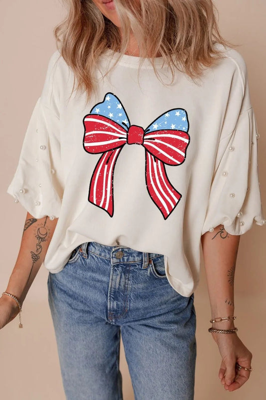 Bowknot Graphic Pearl Puff Half Sleeve T Shirt – White for Shopify Collective (1 view)