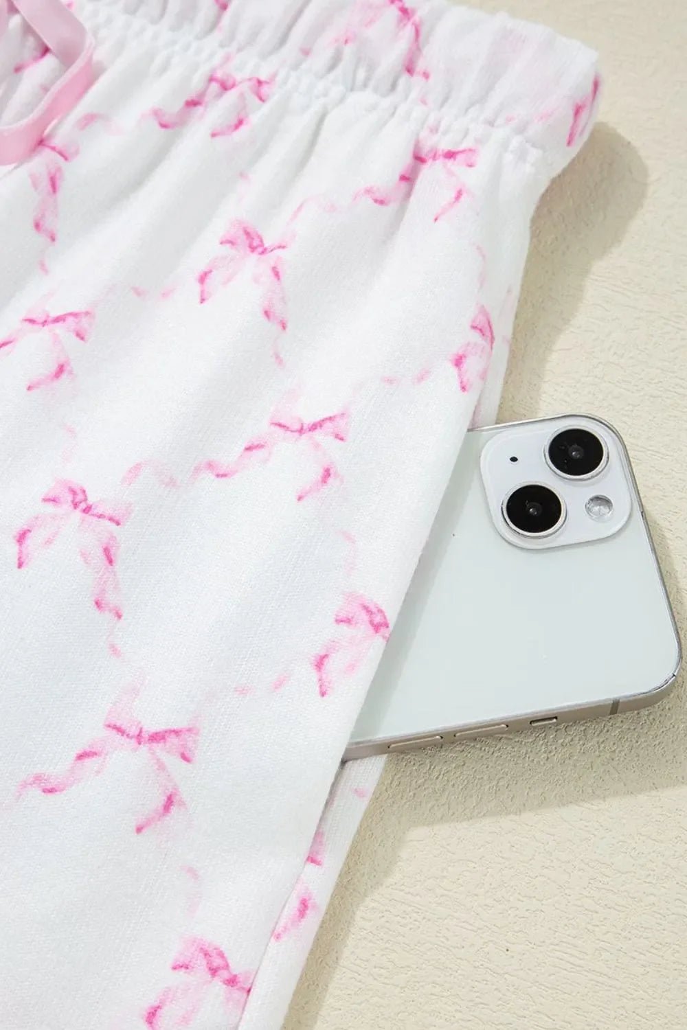 Bow Print Lettuce Trim Round Neck Top and Shorts Lounge Set – Pink for Shopify Collective (12 view)