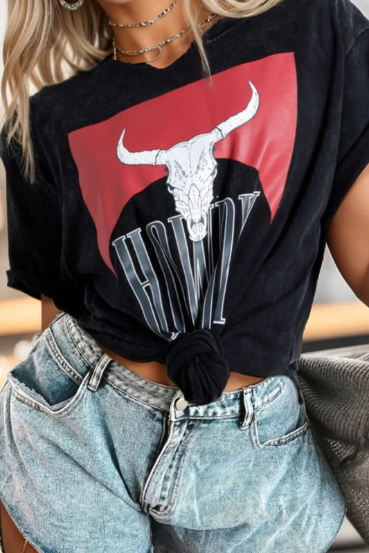 Western HOWDY Steer Head Print Side Slits Loose Fit T Shirt – Black for Shopify Collective (2 view)
